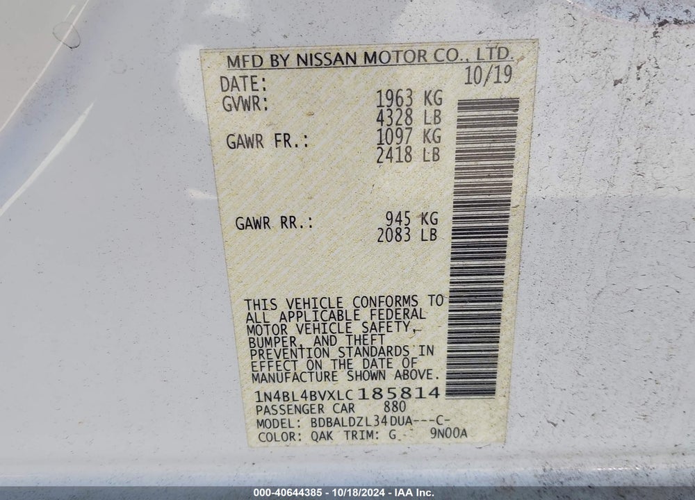 2020 NISSAN ALTIMA S FWD VIN: 1N4BL4BVXLC185814