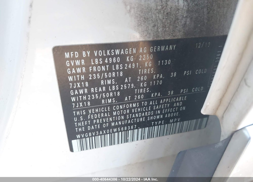 2014 VOLKSWAGEN TIGUAN SE VIN: WVGBV3AX0EW568367