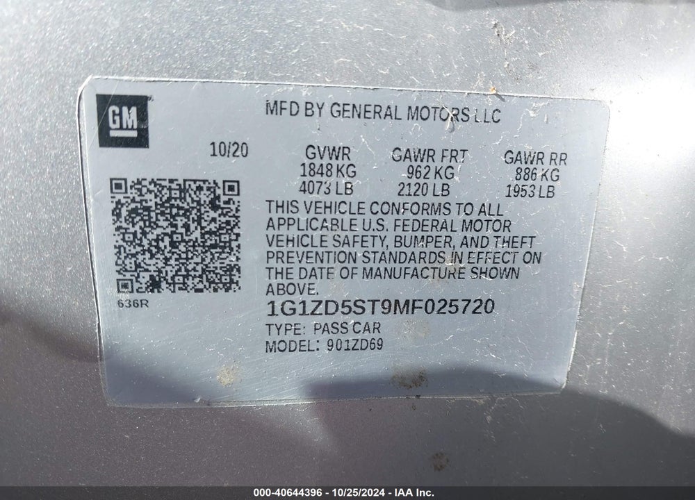 2021 CHEVROLET MALIBU FWD LT VIN: 1G1ZD5ST9MF025720