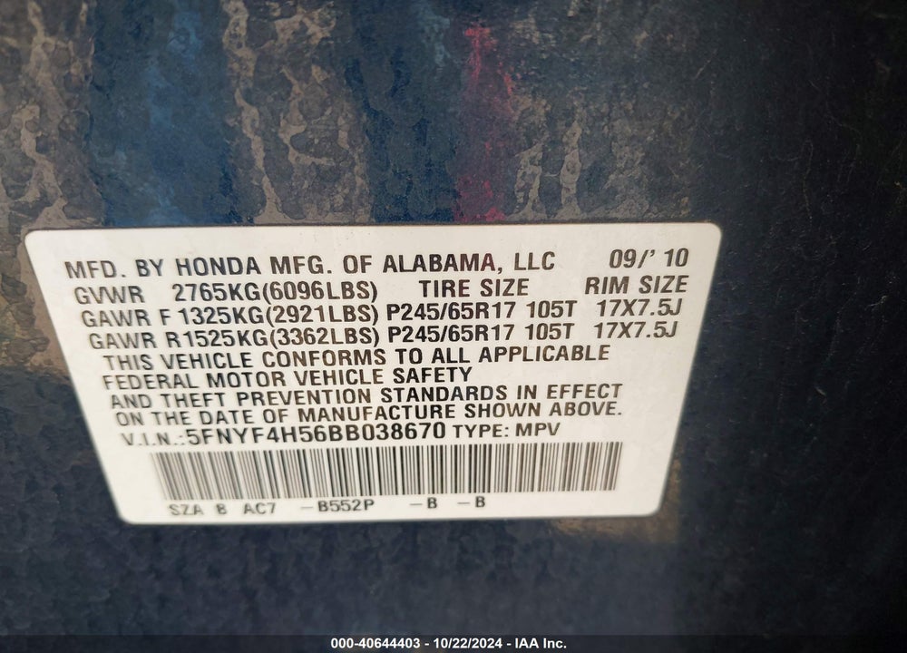 2011 HONDA PILOT EX-L VIN: 5FNYF4H56BB038670