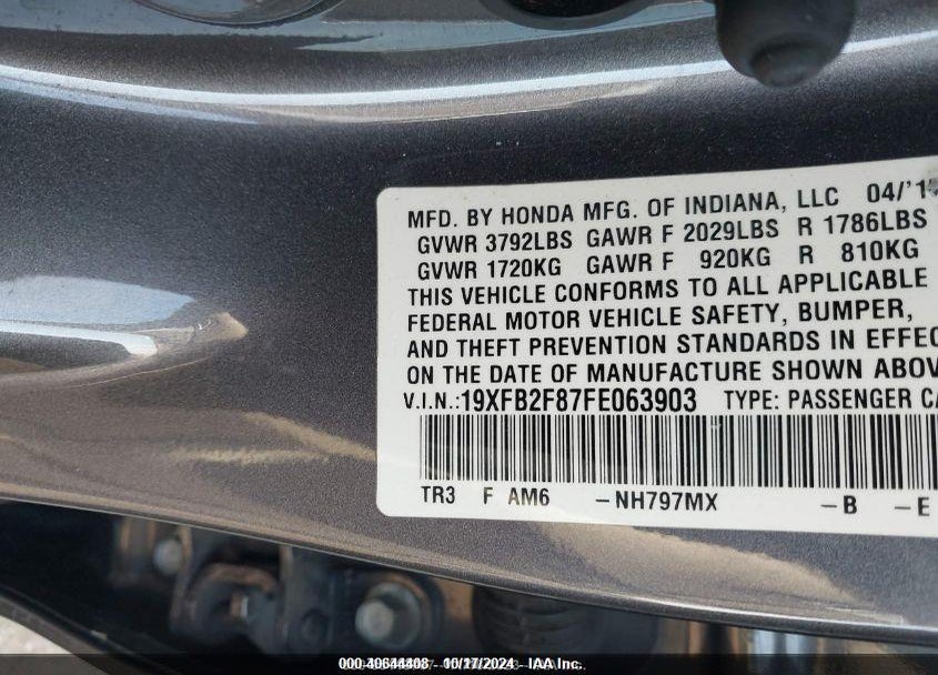2015 HONDA CIVIC EX VIN: 19XFB2F87FE063903