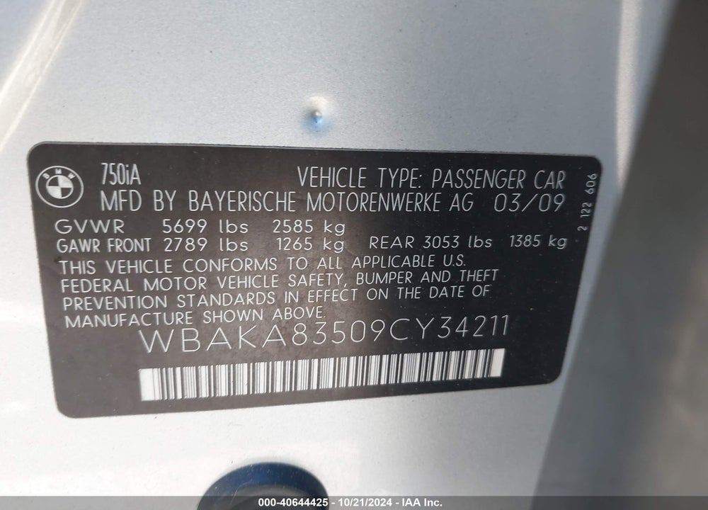 2009 BMW 750I VIN: WBAKA83509CY34211