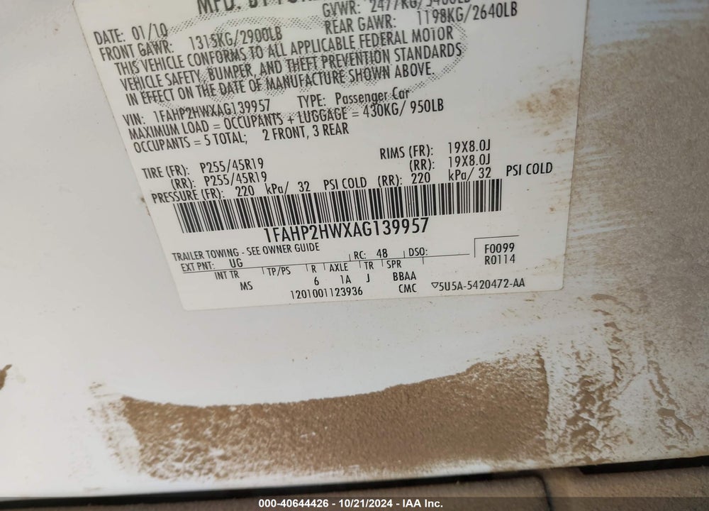 2010 FORD TAURUS SEL VIN: 1FAHP2HWXAG139957