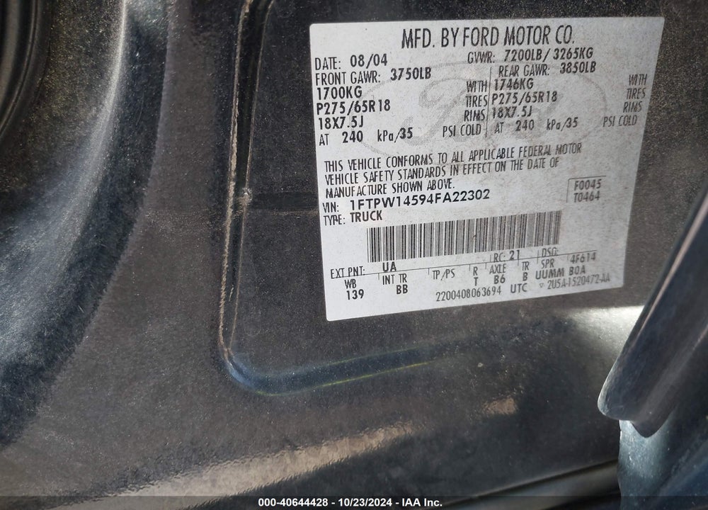 2004 FORD F-150 FX4/LARIAT/XLT VIN: 1FTPW14594FA22302