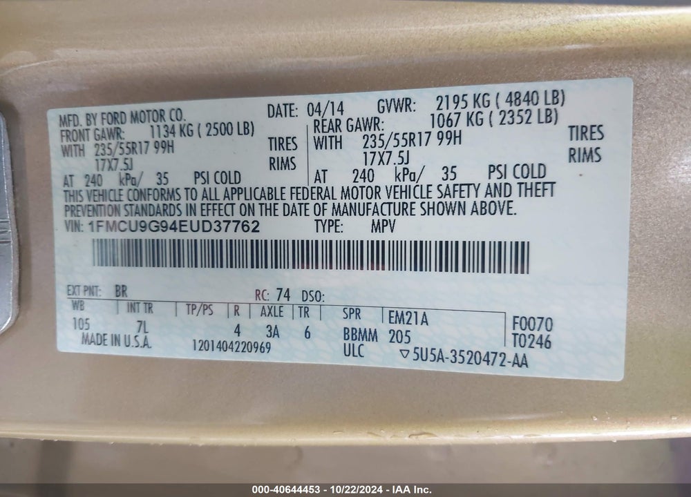 2014 FORD ESCAPE SE VIN: 1FMCU9G94EUD37762