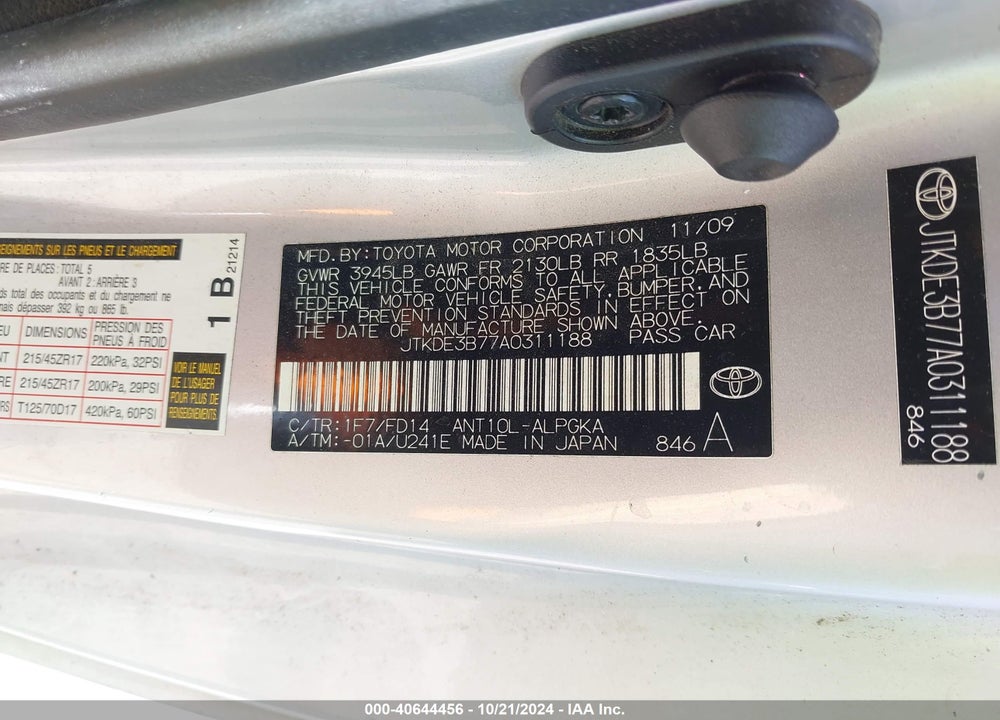 2010 SCION TC TC VIN: JTKDE3B77A0311188