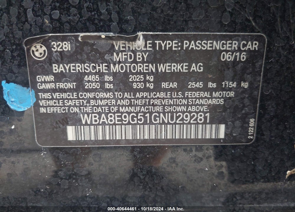 2016 BMW 328I VIN: WBA8E9G51GNU29281