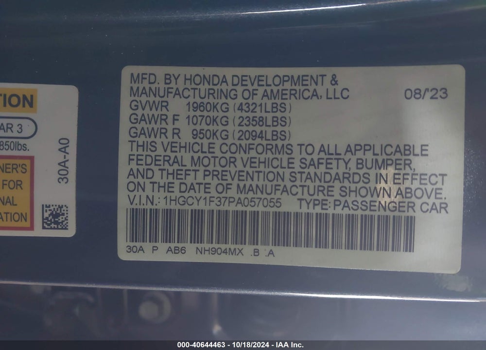 2023 HONDA ACCORD EX VIN: 1HGCY1F37PA057055