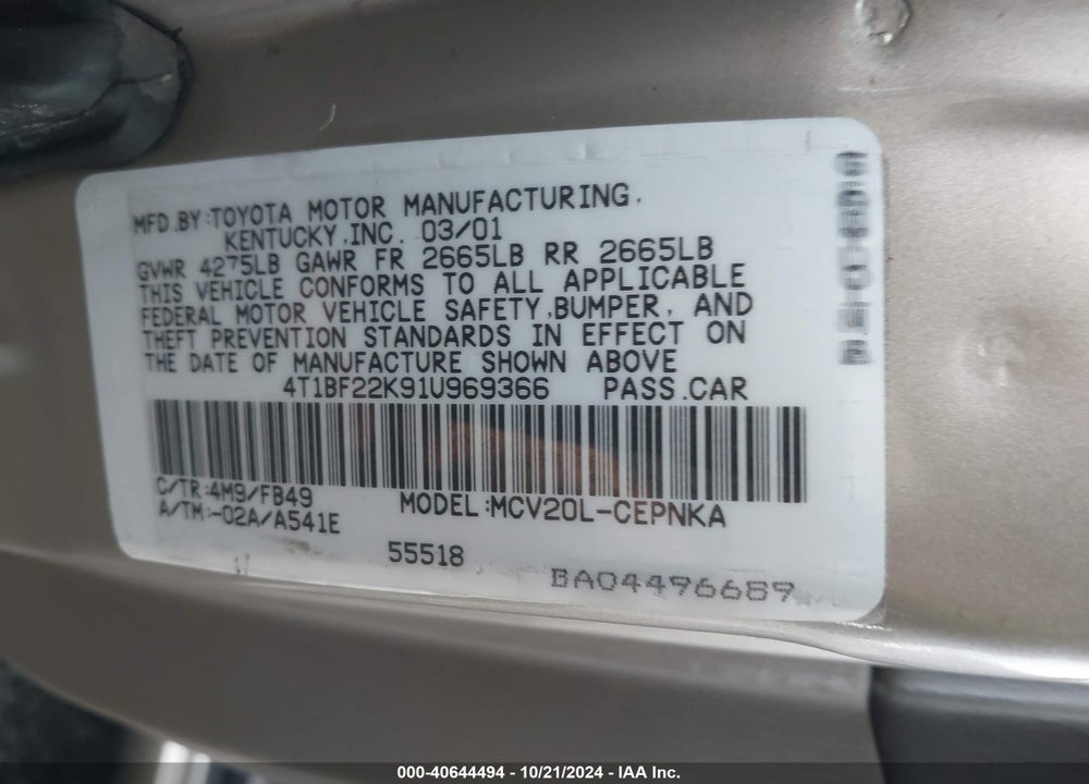 2001 TOYOTA CAMRY LE V6 VIN: 4T1BF22K91U969366