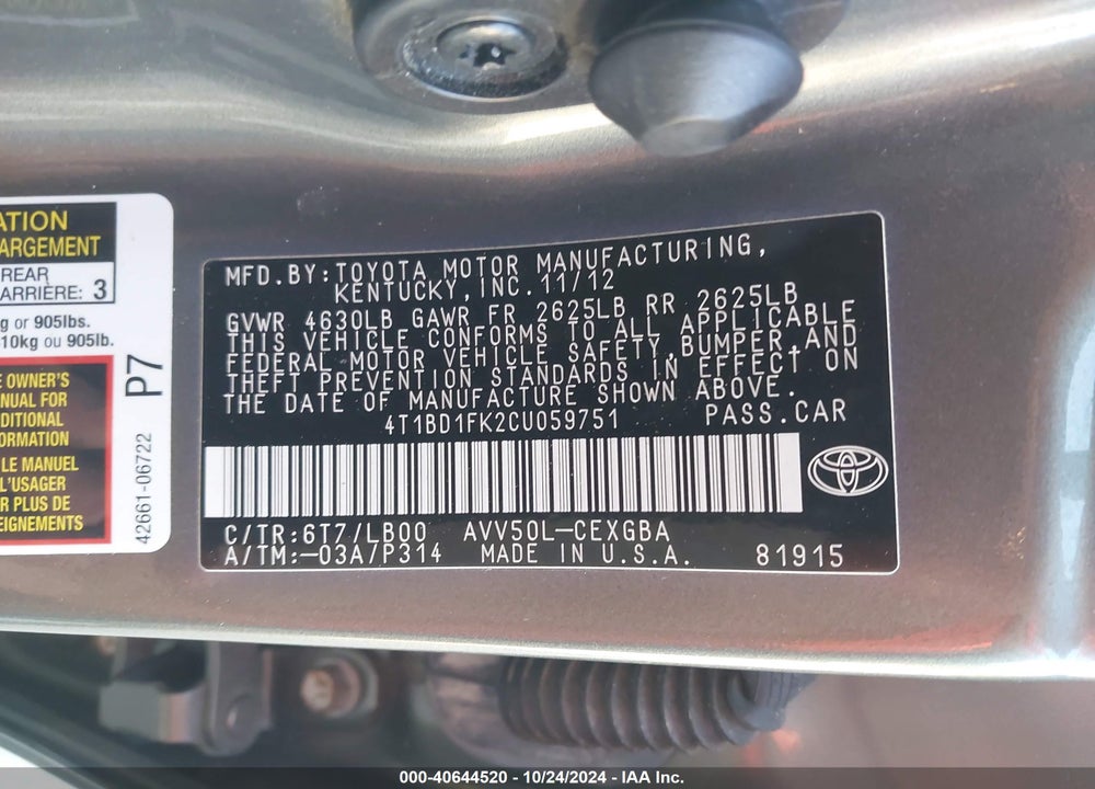 2012 TOYOTA CAMRY HYBRID XLE VIN: 4T1BD1FK2CU059751