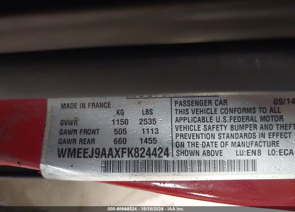 2015 SMART FORTWO VIN: WMEEJ9AAXFK824424