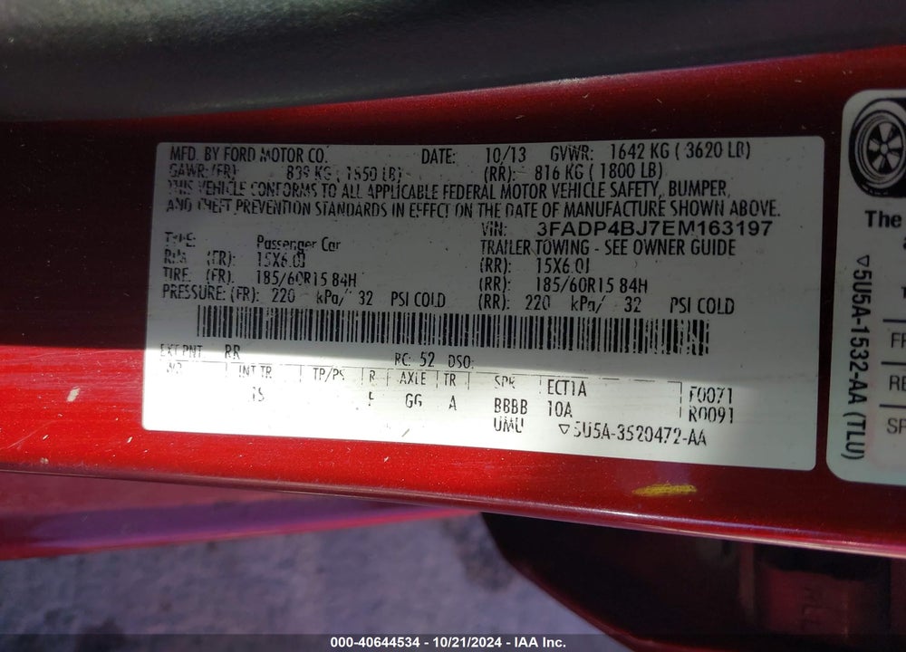 2014 FORD FIESTA SE VIN: 3FADP4BJ7EM163197