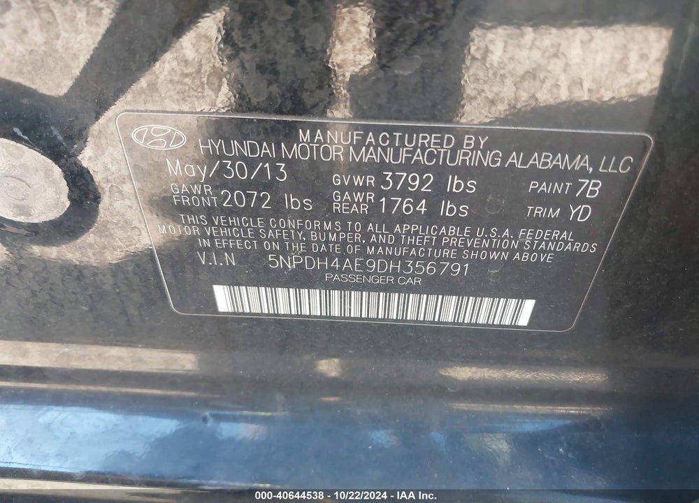 2013 HYUNDAI ELANTRA GLS VIN: 5NPDH4AE9DH356791