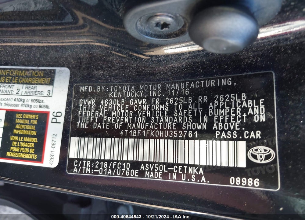 2017 TOYOTA CAMRY LE VIN: 4T1BF1FK0HU352761