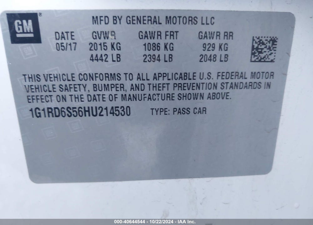 2017 CHEVROLET VOLT PREMIER VIN: 1G1RD6S56HU214530