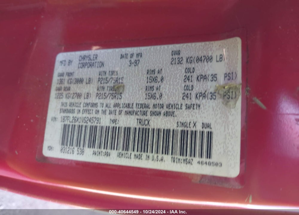 1997 DODGE DAKOTA SLT/SPORT VIN: 1B7FL26X1VS245791