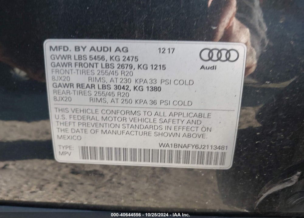 2018 AUDI Q5 2.0T PREMIUM/2.0T TECH PREMIUM VIN: WA1BNAFY6J2113481