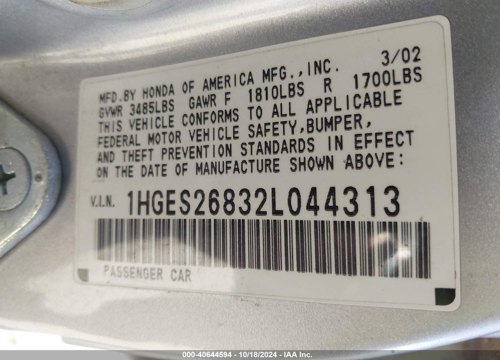 2002 HONDA CIVIC EX VIN: 1HGES26832L044313