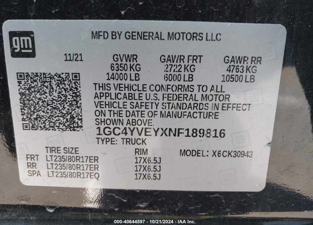 2022 CHEVROLET SILVERADO 3500HD 4WD  LONG BED HIGH COUNTRY VIN: 1GC4YVEYXNF189816