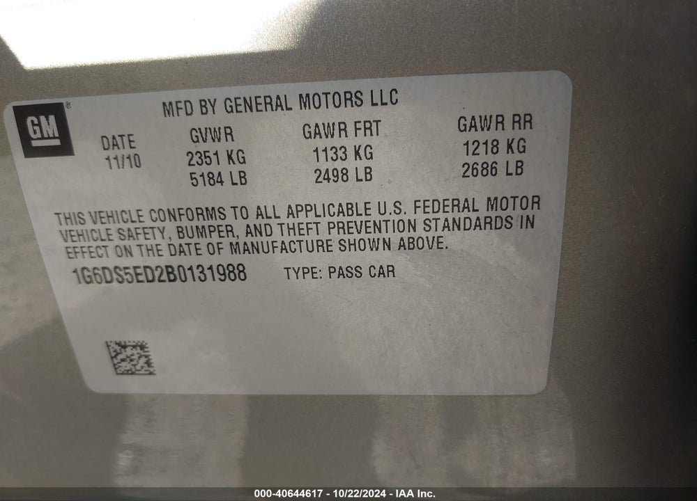 2011 CADILLAC CTS PREMIUM VIN: 1G6DS5ED2B0131988