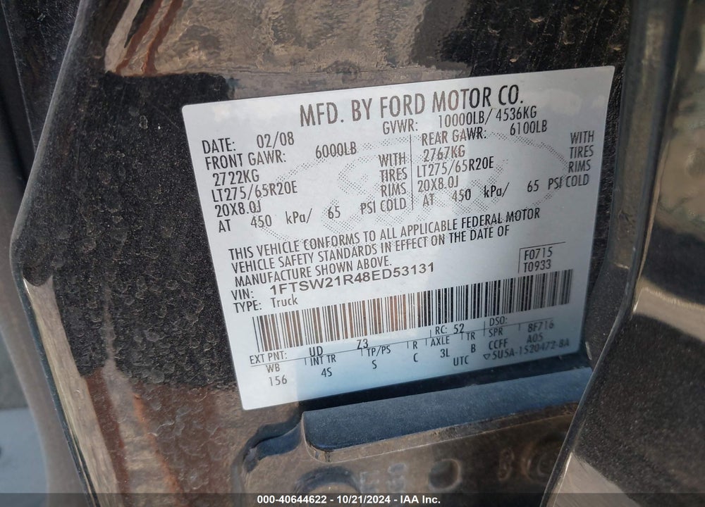 2008 FORD F-250 FX4/HARLEY-DAVIDSON/KING RANCH/LARIAT/XL/XLT VIN: 1FTSW21R48ED53131