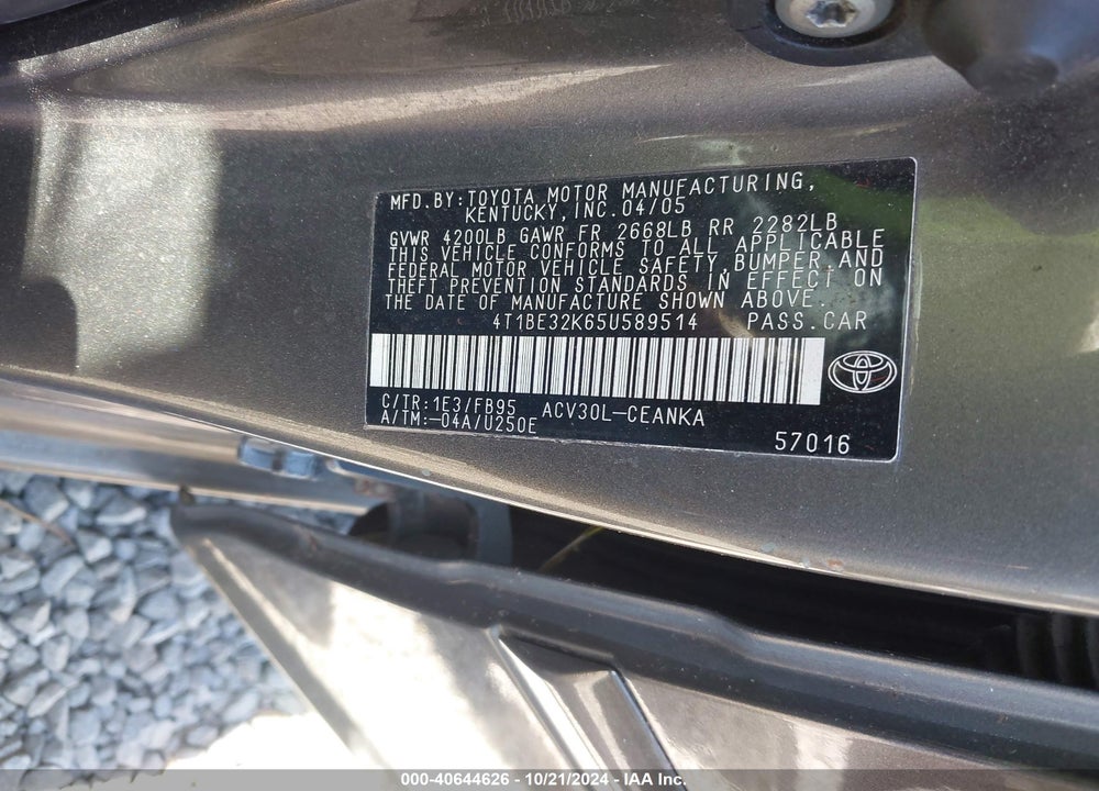 2005 TOYOTA CAMRY LE VIN: 4T1BE32K65U589514