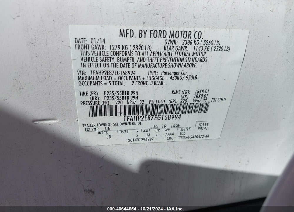 2014 FORD TAURUS SEL VIN: 1FAHP2E87EG158994