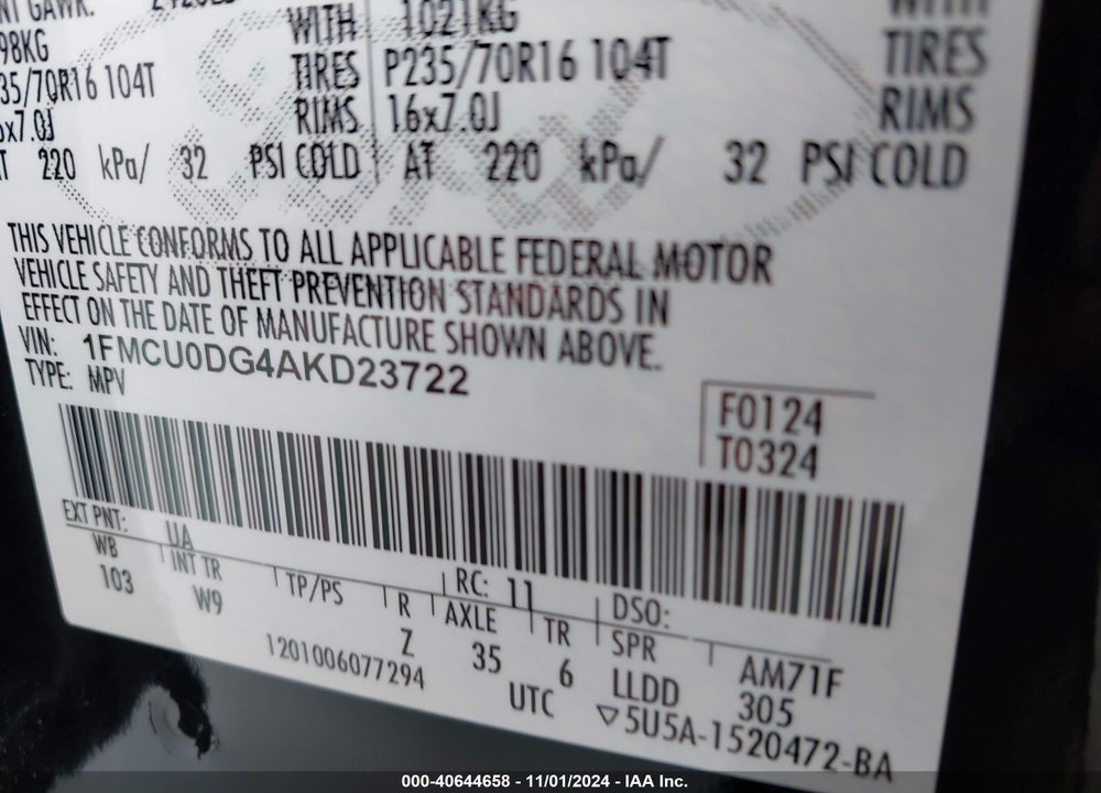 2010 FORD ESCAPE XLT VIN: 1FMCU0DG4AKD23722