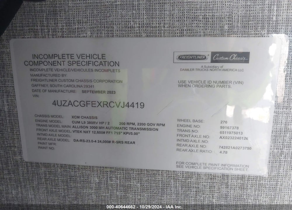 2024 HOLIDAY RAMBLER FREIGHTLINER  ARMADA MOTOR HOME XC VIN: 4UZACGFEXRCVJ4419