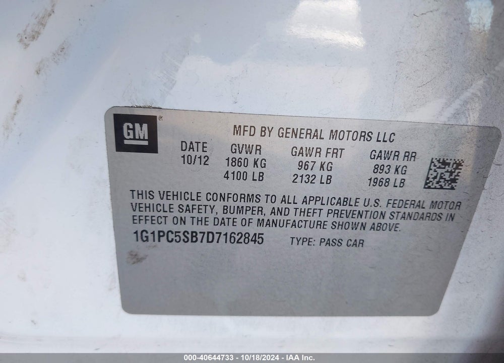 2013 CHEVROLET CRUZE 1LT AUTO VIN: 1G1PC5SB7D7162845