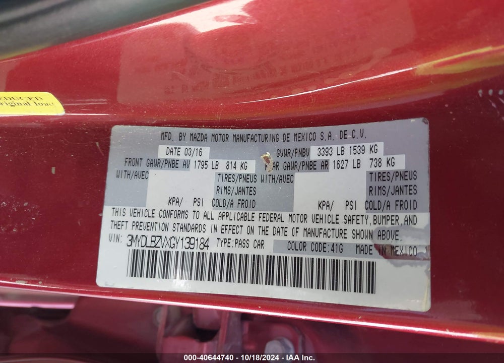 2016 SCION IA VIN: 3MYDLBZVXGY139184