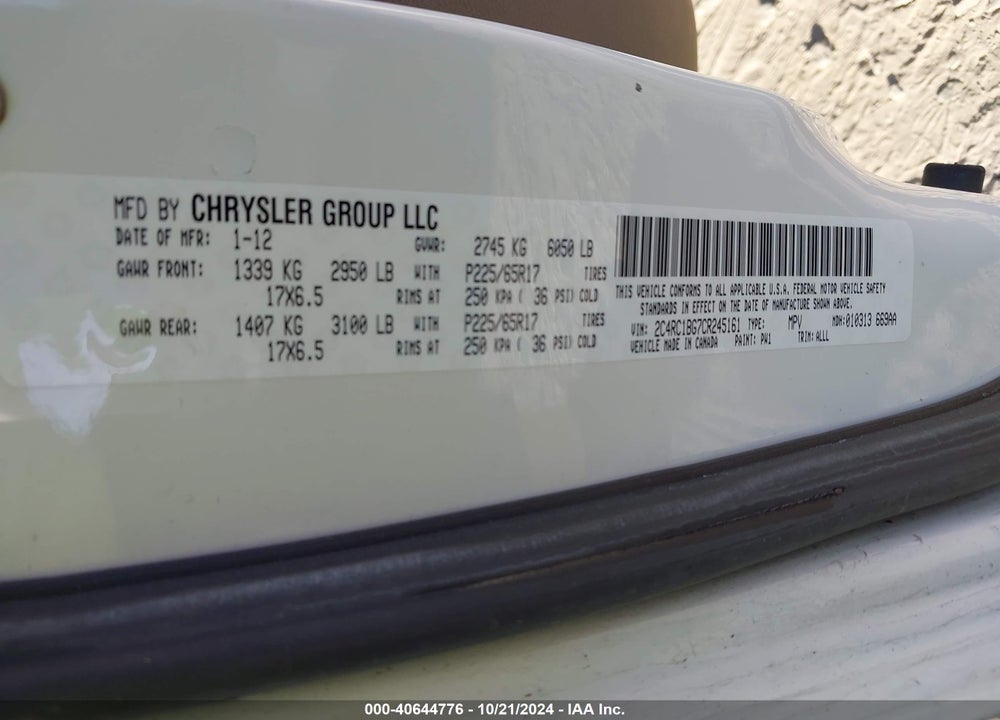 2012 CHRYSLER TOWN & COUNTRY TOURING VIN: 2C4RC1BG7CR245161