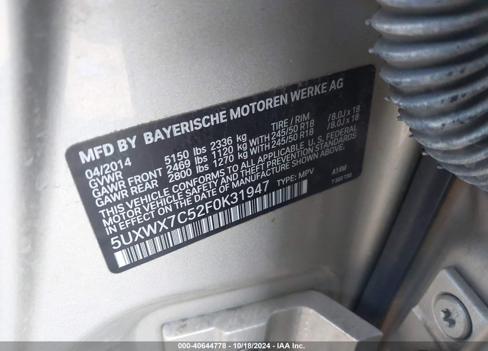 2015 BMW X3 XDRIVE35I VIN: 5UXWX7C52F0K31947