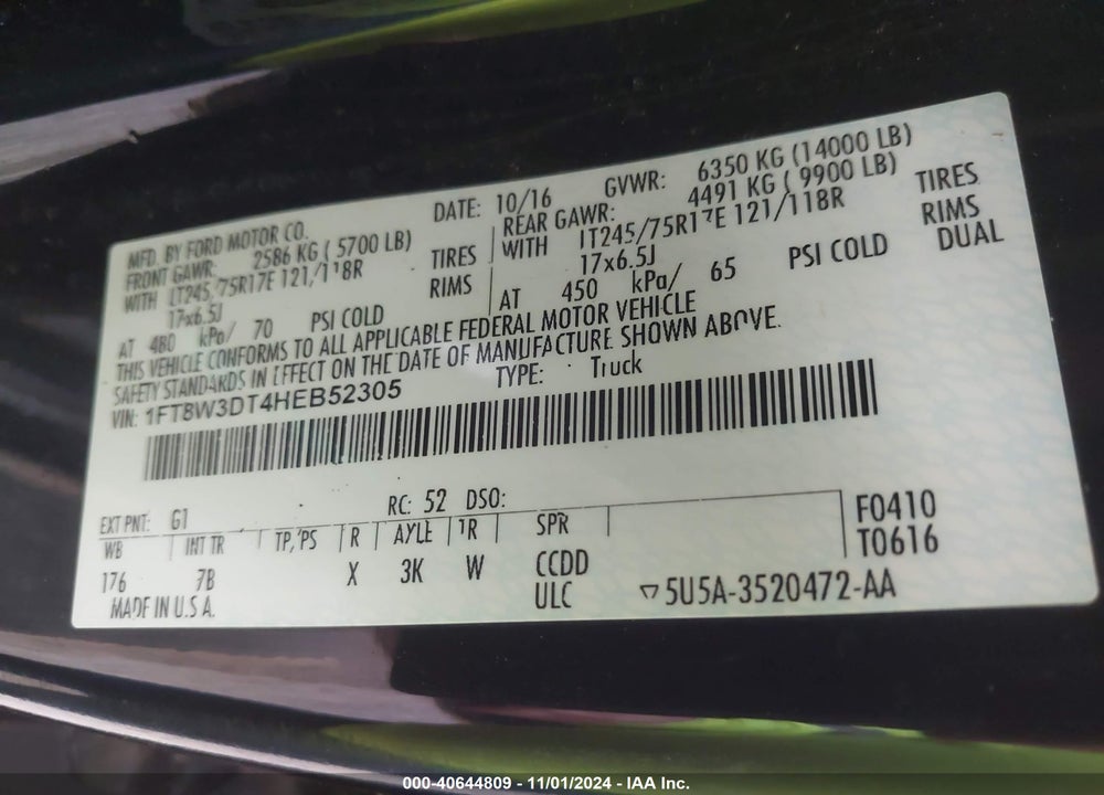 2017 FORD F-350 PLATINUM VIN: 1FT8W3DT4HEB52305