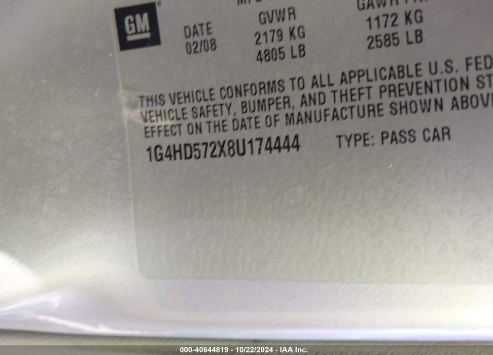 2008 BUICK LUCERNE CXL VIN: 1G4HD572X8U174444