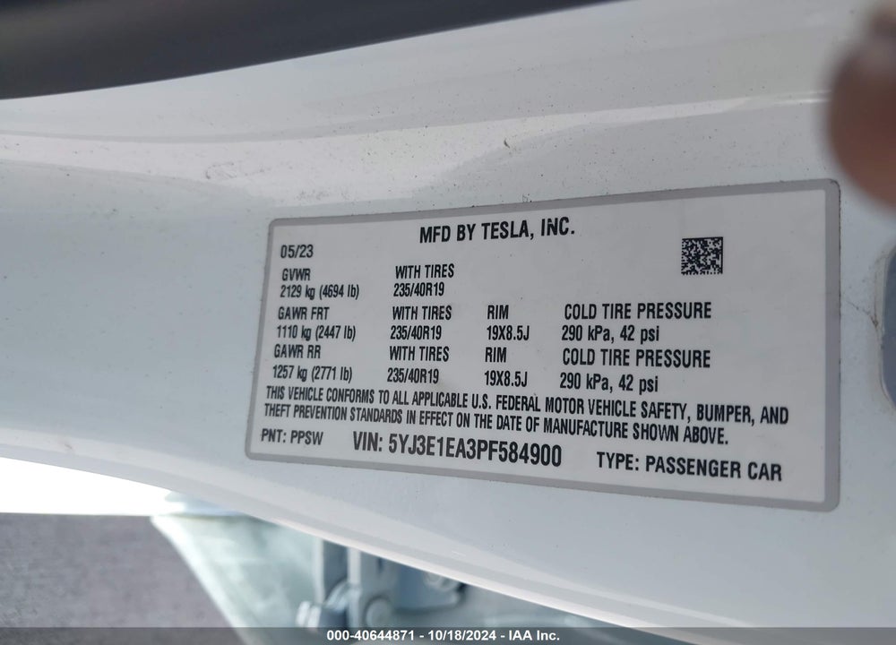 2023 TESLA MODEL 3 REAR-WHEEL DRIVE VIN: 5YJ3E1EA3PF584900