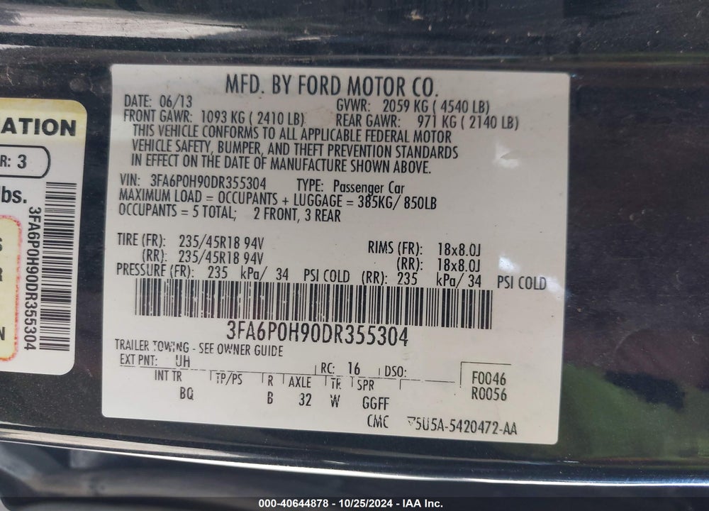 2013 FORD FUSION SE VIN: 3FA6P0H90DR355304