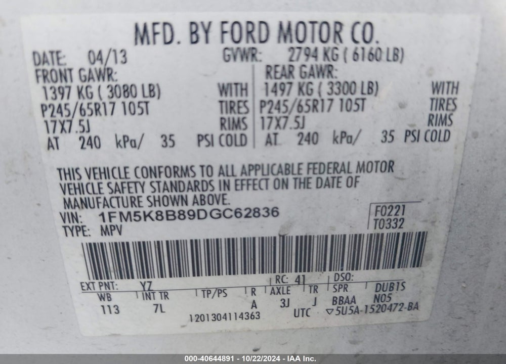 2013 FORD EXPLORER VIN: 1FM5K8B89DGC62836