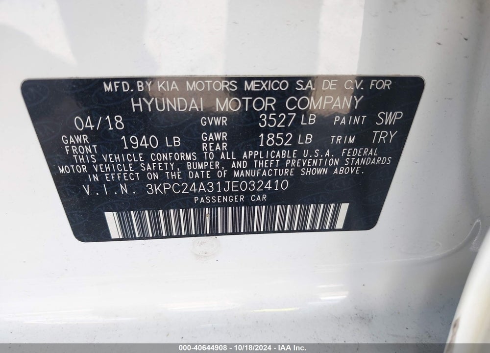 2018 HYUNDAI ACCENT SE VIN: 3KPC24A31JE032410