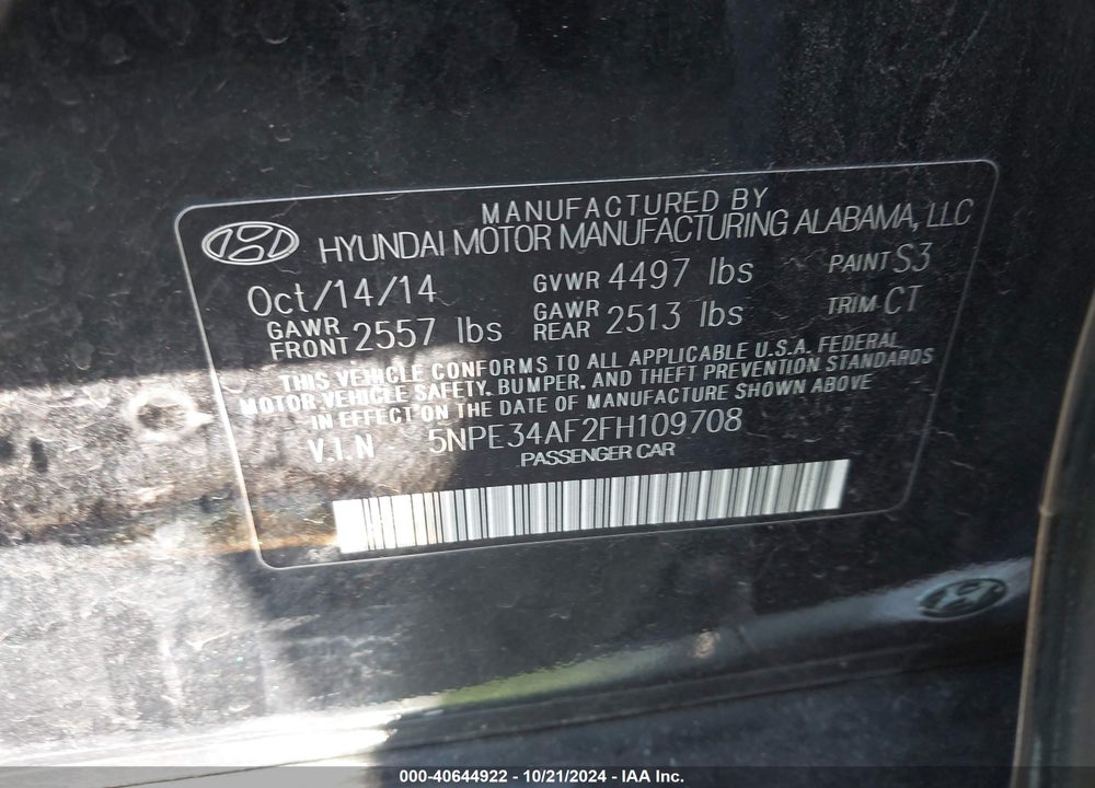 2015 HYUNDAI SONATA SPORT VIN: 5NPE34AF2FH109708
