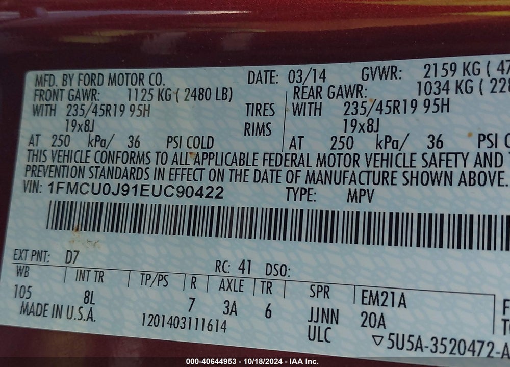 2014 FORD ESCAPE VIN: 1FMCU0J91EUC90422