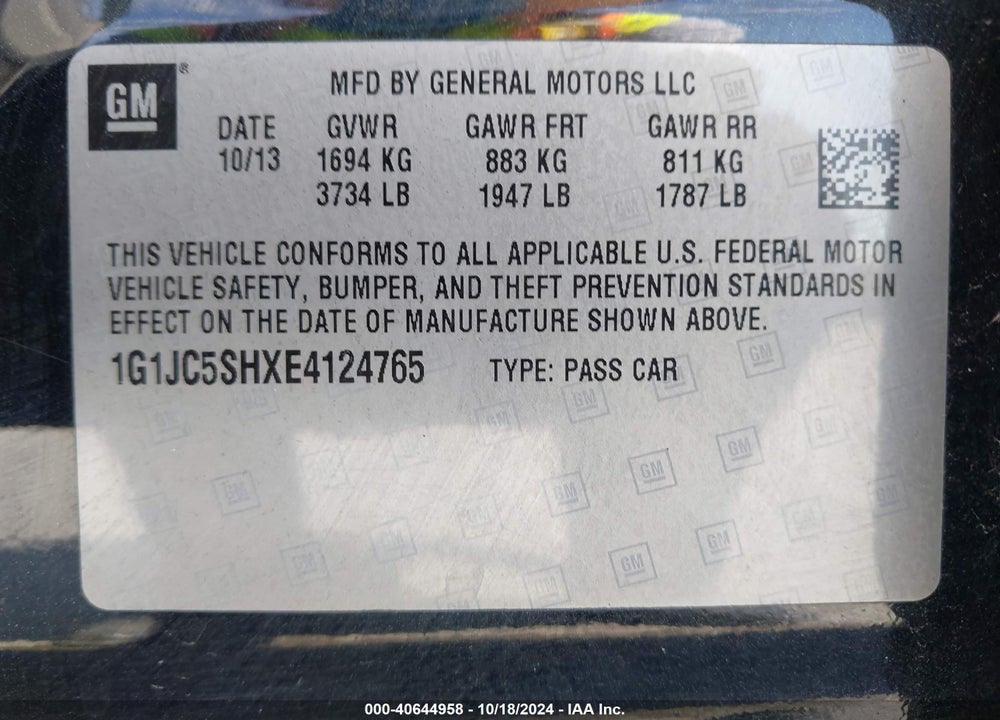 2014 CHEVROLET SONIC LT AUTO VIN: 1G1JC5SHXE4124765