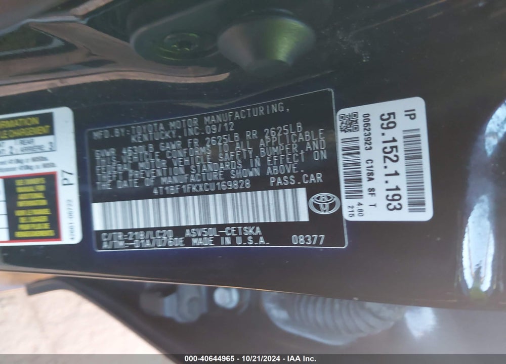 2012 TOYOTA CAMRY SE VIN: 4T1BF1FKXCU169828