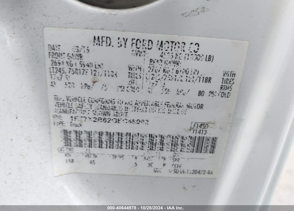 2016 FORD F250 VIN: 1FT7X2B62GEC48092