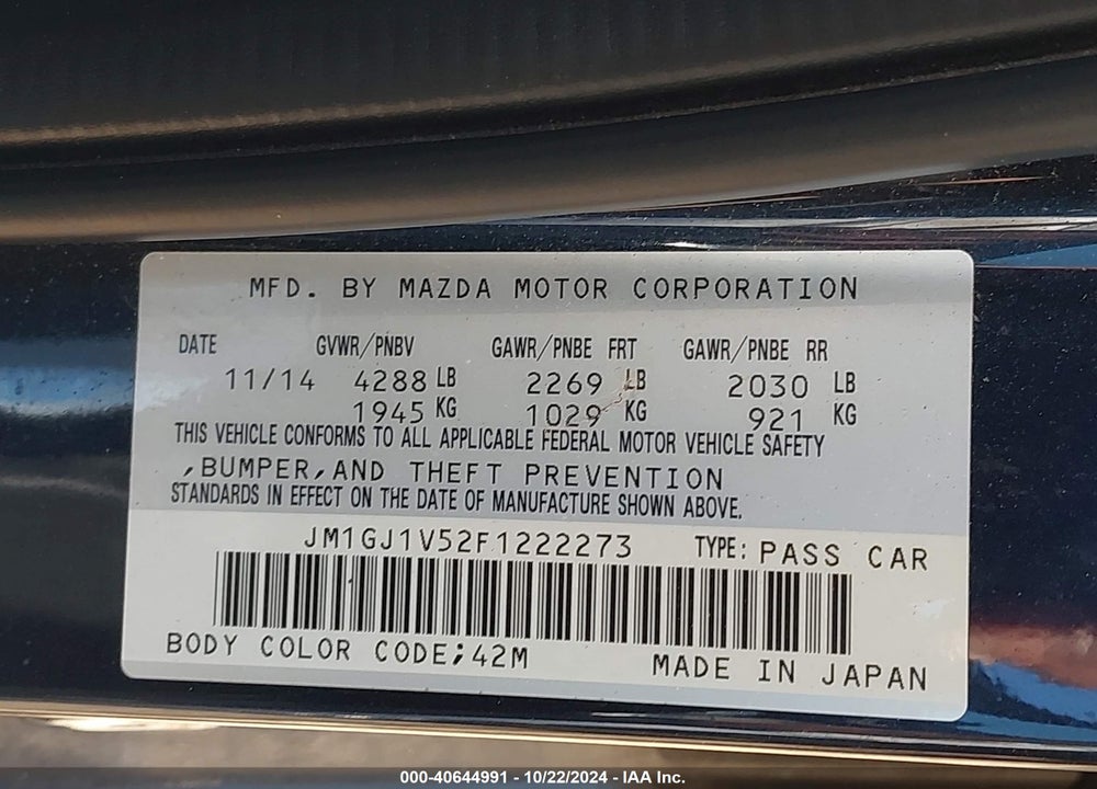 2015 MAZDA 6 I TOURING VIN: JM1GJ1V52F1222273