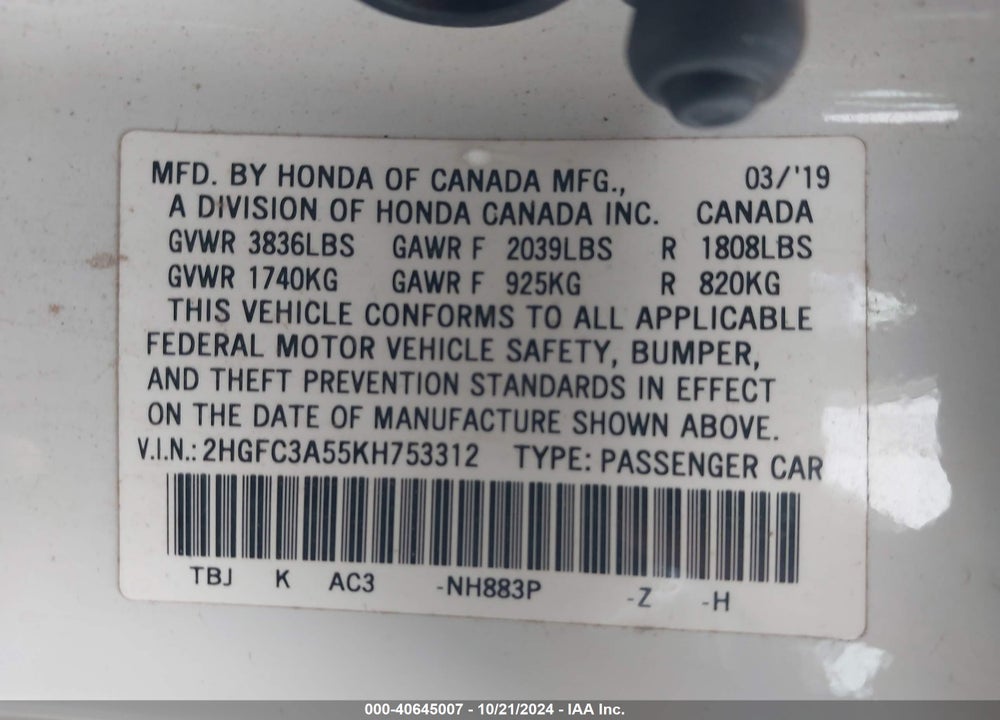 2019 HONDA CIVIC SI VIN: 2HGFC3A55KH753312