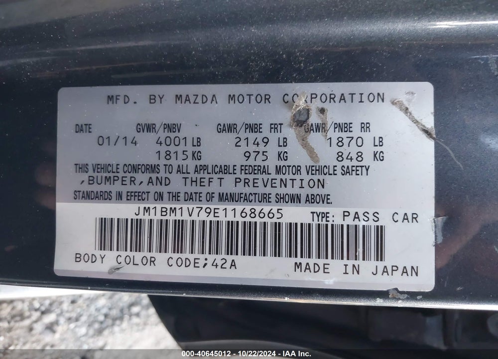 2014 MAZDA 3 I TOURING VIN: JM1BM1V79E1168665