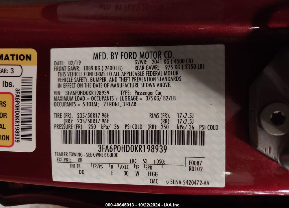 2019 FORD FUSION SE VIN: 3FA6P0HD0KR198939