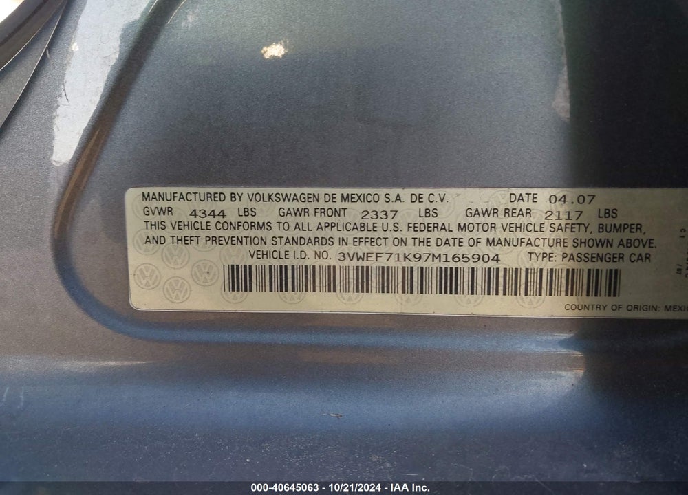 2007 VOLKSWAGEN JETTA WOLFSBURG EDITION VIN: 3VWEF71K97M165904