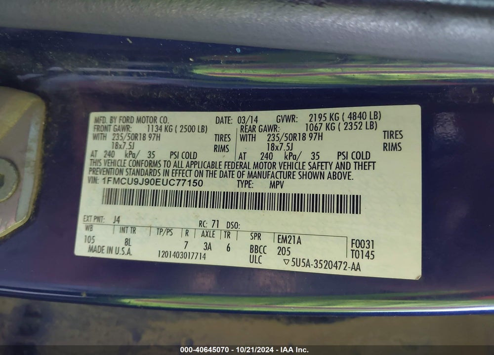 2014 FORD ESCAPE TITANIUM VIN: 1FMCU9J90EUC77150